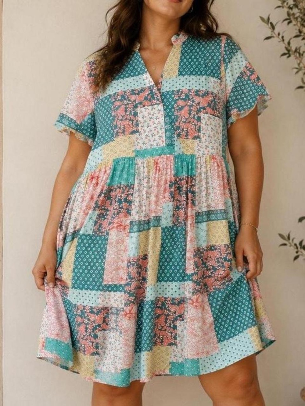 Simply Southern Women’s Large Patchwork Floral Dress 100% Cotton Scalloped Trim
